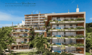 Fachada contemporânea do Meraki Sunset em Florianópolis com vista definitiva para o mar e arquitetura de alto padrão.