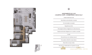 Planta humanizada e descritivo técnico dos apartamentos no GALLERIA 50 Jurerê.