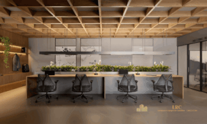 Ambiente de coworking moderno e estações de trabalho compartilhadas no prédio.