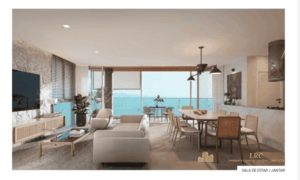 Sala de estar e jantar integrada de alto padrão em apartamento do GALLERIA 50 Jurerê.