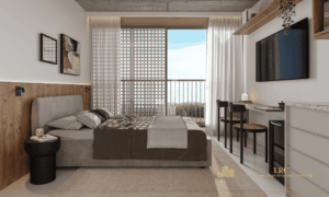 Planta interna integrada e decorada de studio de luxo em Jurerê Internacional