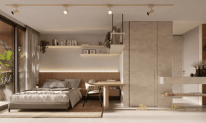 Interior de apartamento decorado tipo studio inteligente com living integrado.