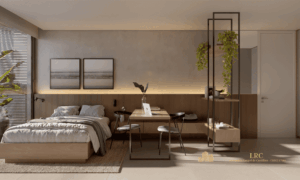 Perspectiva interna de studio com cama de casal e sofá em conceito aberto.