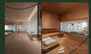 Área de SPA com sauna seca e sauna úmida integradas com acabamento em madeira e mármore.
