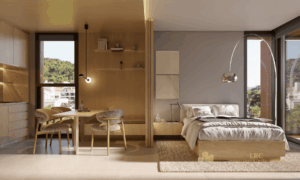 Sala de estar integrada de apartamento de 1 dormitório no Meraki Allure Jurerê.