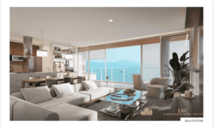 Perspectiva de living e sala de estar integrada com vista panorâmica no GALLERIA 50 Jurerê.