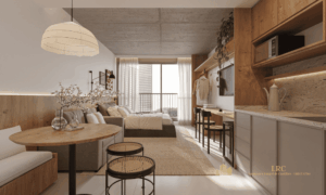 Studio de meio com excelente aproveitamento de espaço e design minimalista