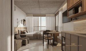 Design de interiores moderno e iluminação natural em estúdio de alto padrão