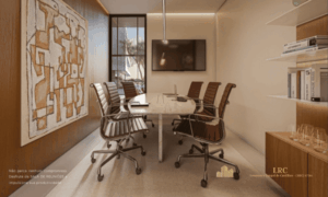 Sala de reuniões corporativa e espaço de coworking executivo finamente decorado.