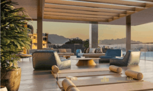 Lounge interno finamente decorado com móveis de design contemporâneo nas áreas comuns do Meraki Sunset Florianópolis.