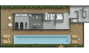 Desenho técnico do rooftop com piscina e estrutura wellness no topo