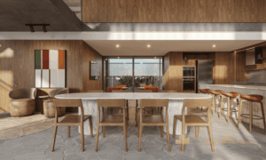 Lounge de convivência premium e área social decorada pela Gaico