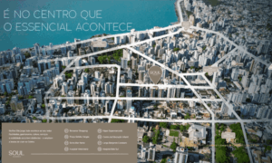 Vista aérea computadorizada do Centro de Florianópolis destacando a localização do SOUL. Um mapa detalha as proximidades numeradas, incluindo Beiramar Shopping, Praça Getúlio Vargas, Beira-Mar Norte, Hospital Veterinário, Hippo Supermercado, Centro de Educação Infantil, Largo Benjamin Constant e Hospital Baía Sul.