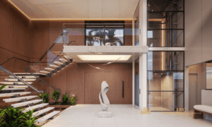 Hall social principal imponente com pé-direito duplo, escada suspensa, elevador panorâmico e acabamentos em madeira.
