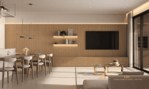 Ambientes integrados de sala de estar e jantar com acabamento ripado de madeira e iluminação embutida.