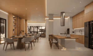 Espaço gourmet privativo equipado com churrasqueira, coifa em inox e mesa para refeições.