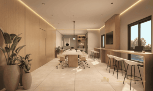 Ambiente multifuncional de coworking e pub com mesas para reuniões, bancadas de trabalho e espaço de café.