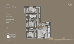 Desenho técnico da planta baixa humanizada das unidades 501A a 1801A, mostrando a distribuição das 3 suítes, lavabo, cozinha integrada ao living e sala de jantar.
