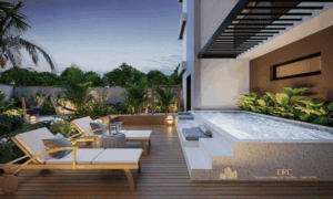 Área de SPA externo com hidromassagem sobre deck de madeira e espreguiçadeiras ao entardecer.