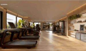 Área de lazer e wellness piscina coberta no condomínio Puerto Madero Jurerê.