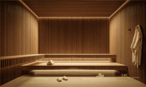 Sauna revestida de madeira com iluminação indireta sob os bancos.