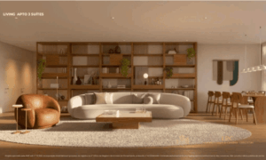 Interior do apartamento decorado com living ampliado no Puerto Madero Jurerê.