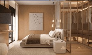 Suíte principal com cama de casal, cabeceira estofada e closet integrado com portas de vidro e LED.